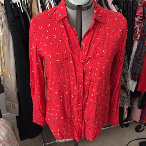 Beachlunchlounge Blue White Heart Button Down Red Blouse Size Small - Picture 1 of 9